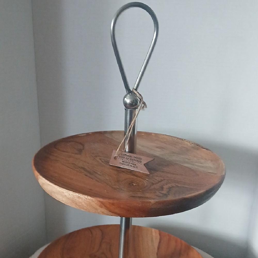 Two-Tier Wooden Serveware Stand with Metal Handle - Brown